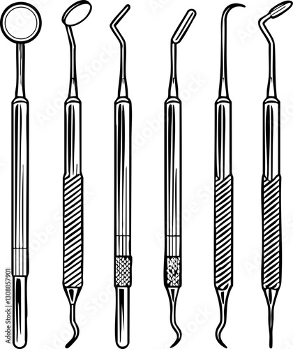 Dental tools lined up in a row for examination and cleaning.