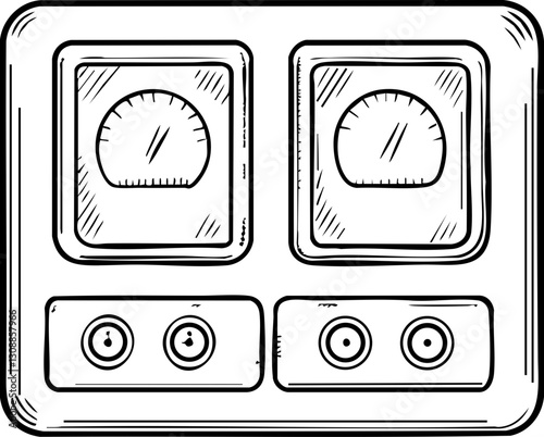 Control panel with gauges and buttons in a simplistic line art style.