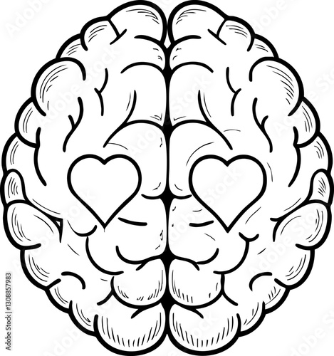 Brain illustration with hearts symbolizing love and emotions.