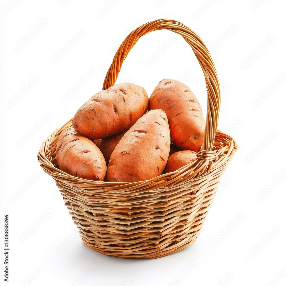Basket of sweet potatoes, isolated on a white background. Basket of sweet potatoes, isolated on a white background.