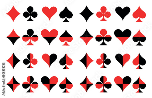 Stylized Playing Card Suit Symbols. Hearts; Diamonds; Clubs; and Spades in Unique Designs. Vector illustration isolated on clear background.