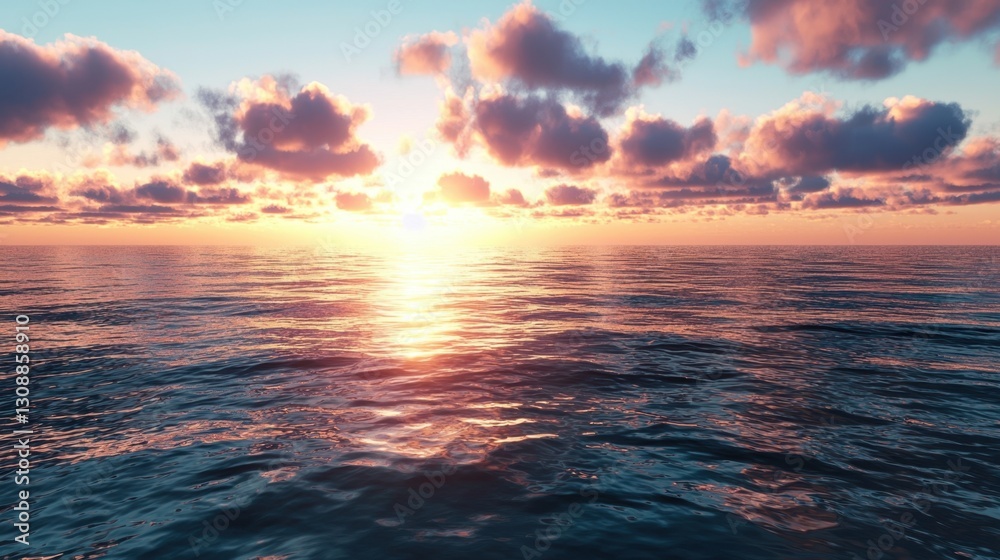 Obraz premium Golden sunlight casts a warm glow on the tranquil ocean, while puffy clouds drift through the pastel sky. This peaceful coastal moment invites reflection and appreciation of nature's beauty