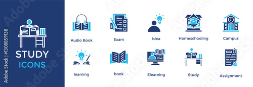 study icon set. with icon Exam, Idea, Homeschooling, Campus, book