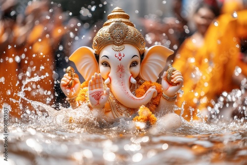 A riverbank with devotees performing the Ganesh Visarjan ritual, gently immersing the idol in the water as they chant prayers