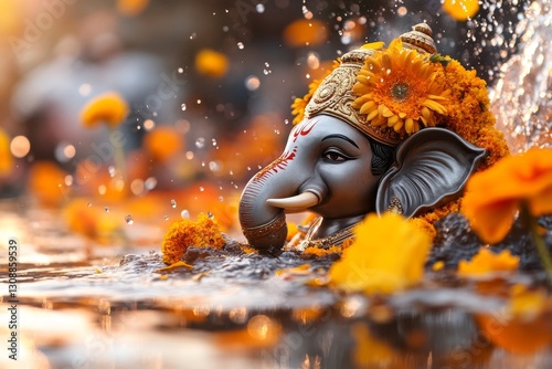 A riverbank with devotees performing the Ganesh Visarjan ritual, gently immersing the idol in the water as they chant prayers