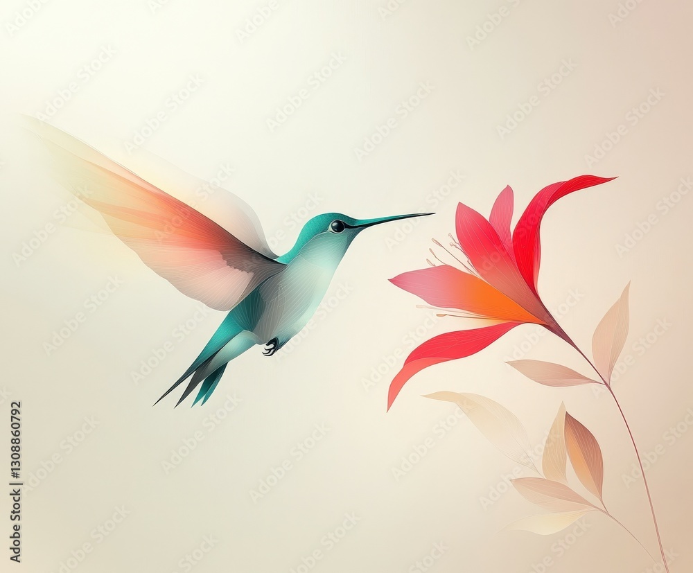 Obraz premium Hummingbird approaches a vibrant flower in soft lighting