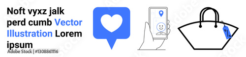 Heart inside chat bubble, smartphone with geolocation pin and user profile, and handbag with tag. Ideal for e-commerce, navigation, communication, marketing, branding, technology flat landing page