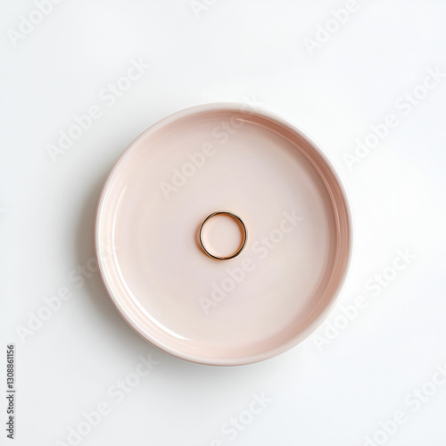 Minimalist composition: golden ring on a pastel ceramic plate, against a clean white background.