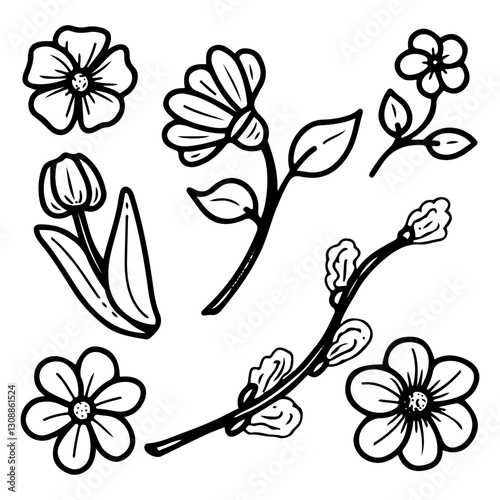 Set of plants, flowers. Hand drawn doodle. Tulip, daisy, chamomile, sunflower. Willow branch. Botanical element. Beautiful flower bud. Botany, flora. Vector line art illustration.