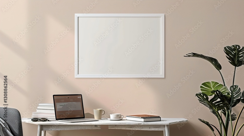 A white rectangular frame above a side table in a modern living room, with a cup, a laptop, and a few books. HD 8K mockup wallpaper Photographic Image
A white rectangular frame above a side table in a modern living room, with a cup, a laptop, and a few books. HD 8K mockup wallpaper Photographic Image