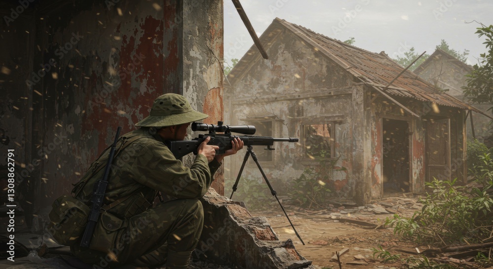 Fototapeta premium Soldier in military gear aiming a sniper rifle amidst ruins of a weathered village with foliage
