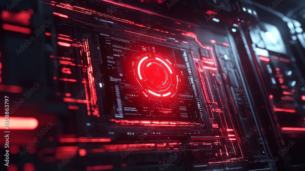 Obraz premium A close-up view of a futuristic, glowing red circuit pattern, emphasizing technology and digital elements in a dark, high-tech environment.