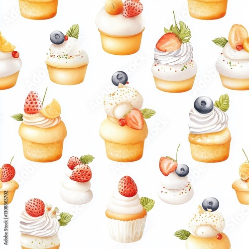 Seamless watercolor pattern of soufflé isolated on a white background, providing a creative and artistic touch.