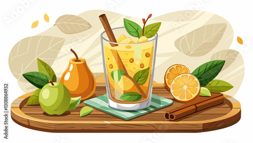 Refreshing cold pear drink in glass decorated cinnamon stick, mint leaves, near fruits and vanilla pods on wooden tray on white marble table