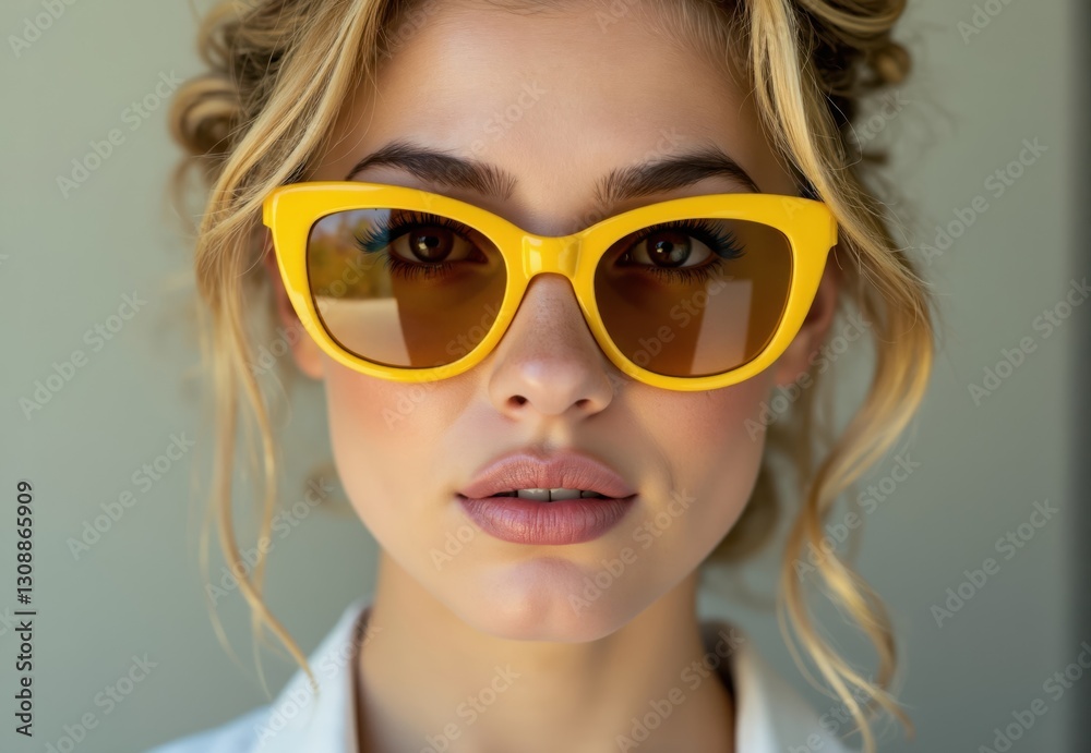 Close-up Portrait of Blonde Woman Wearing Yellow Cat-Eye Sunglasses Close-up Portrait of Blonde Woman Wearing Yellow Cat-Eye Sunglasses