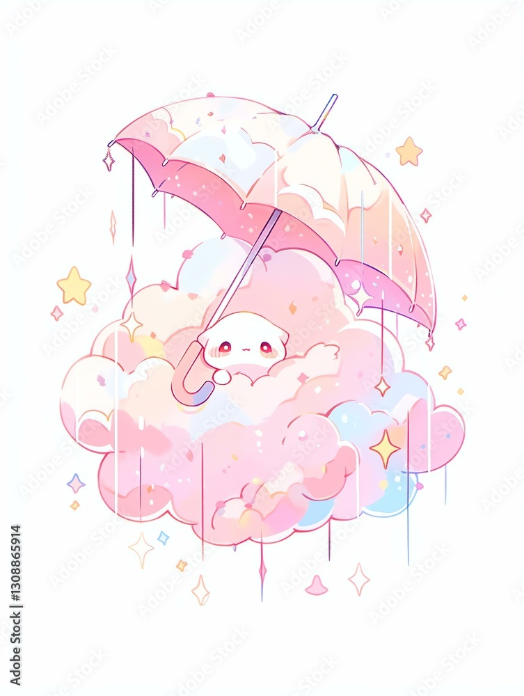 Cute Creature with Umbrella,Pink Cloud,Anime Cute Creature with Umbrella,Pink Cloud,Anime