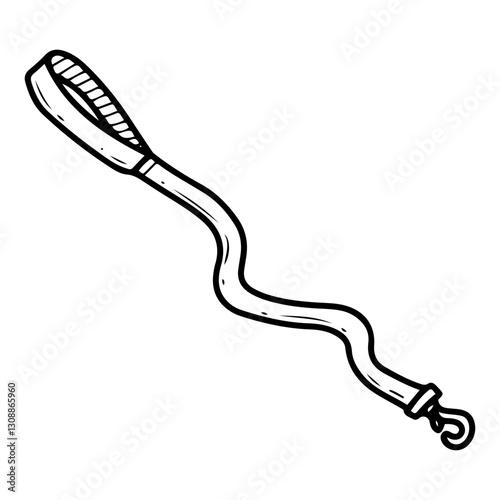 Fabric dog leash. Hand drawn doodle. Walking a pet. Animal accessory. Textile rope with a carabiner. Leather belt. Vector line art illustration.