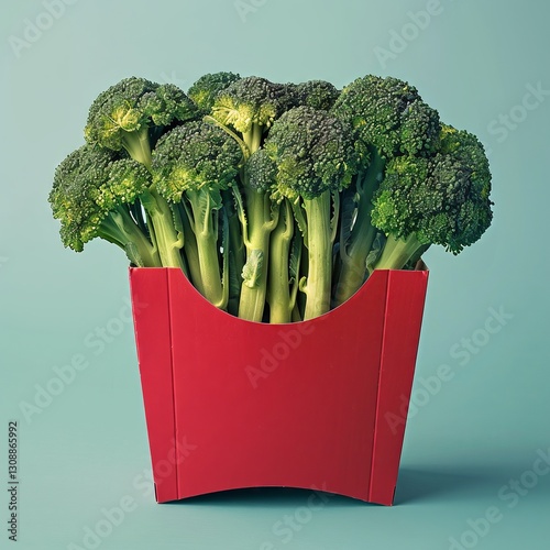 Fresh broccoli stalks in fast-food fry box on blue background. Healthy food in red box. Raw vegetables. Healthy plant based diet detox superfoods concept photo