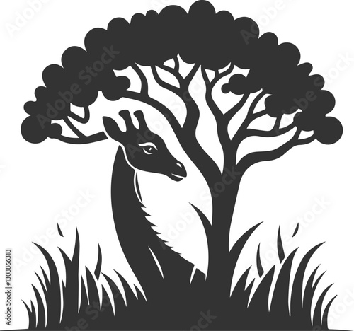 Giraffe peeking out from behind a tree vector silhouette