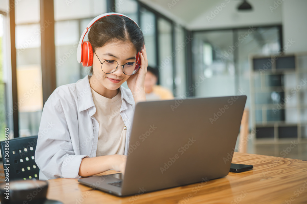 Student using a laptop in a cafe while wearing headphones, learning and searching the internet, and making a video call. Student using a laptop in a cafe while wearing headphones, learning and searching the internet, and making a video call.