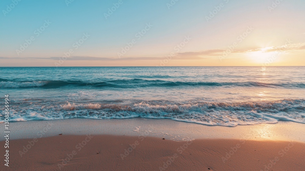 The sun descends on the horizon, casting warm golden hues over a serene beach. Gentle waves lap peacefully at the sandy shore, creating a relaxing atmosphere at dusk The sun descends on the horizon, casting warm golden hues over a serene beach. Gentle waves lap peacefully at the sandy shore, creating a relaxing atmosphere at dusk