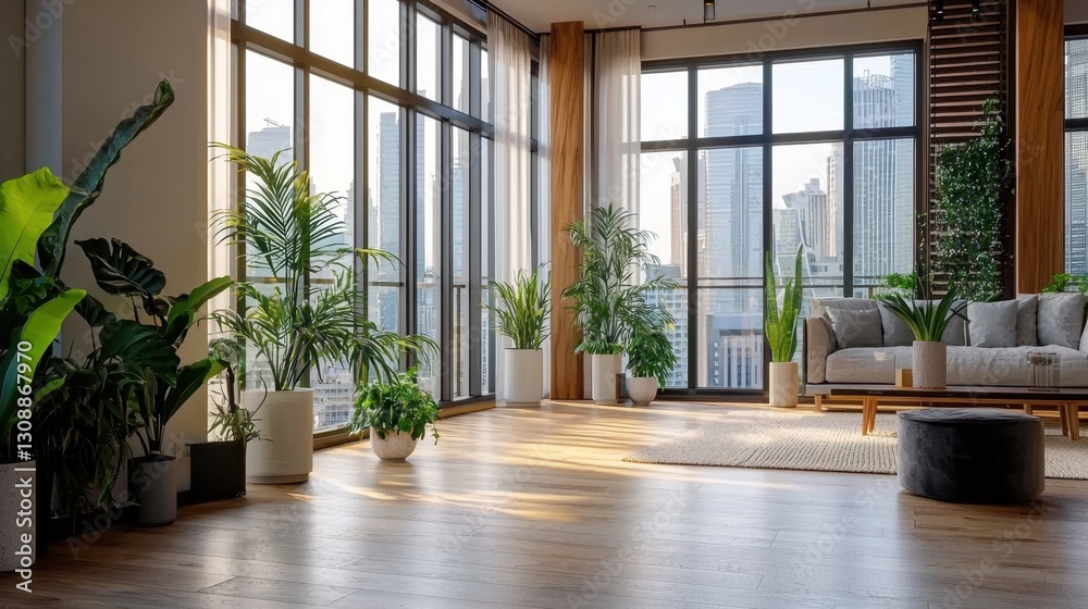 Obraz premium Sunlight streams through large windows in a modern apartment, illuminating leafy plants and tasteful furnishings while offering a view of the urban skyline at sunset