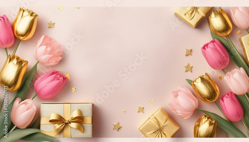 pink and gold tulips and presents background