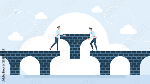 Business partners is finishing to build a bridge putting the last piece. Building happy positive relationship. Business deals concept. Connect the two sides of the bridge. Vector illustration