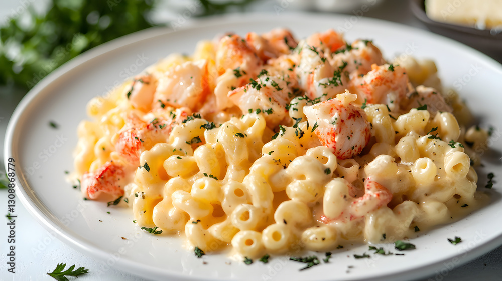 Modern Minimalist Presentation of Creamy Lobster Mac and Cheese on White Plate Modern Minimalist Presentation of Creamy Lobster Mac and Cheese on White Plate