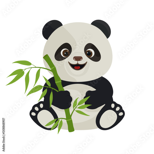 Cute funny panda sits and holds bamboo in his paws