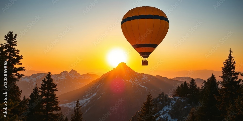 Obraz premium A serene sunrise illuminates a hot air balloon gracefully soaring above a snow-capped mountain range, silhouetted against the vibrant orange and yellow hues of the dawn