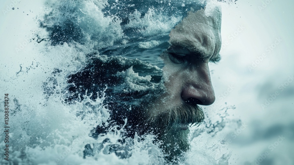 Fototapeta premium A man stands with a thoughtful expression as ocean waves crash around him, symbolizing the connection between human emotion and nature's fury. The water seamlessly integrates with his profile