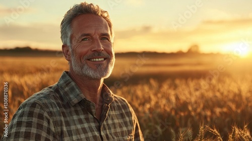 A man with gray hair and a beard smiles contentedly as he stands amidst tall golden wheat under a beautiful sunset. The warm light reflects his joyful expression