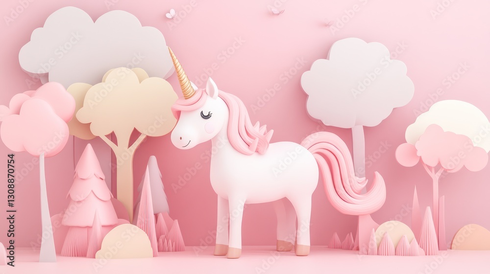 Fototapeta premium Pink unicorn in pastel forest; whimsical scene for children's book