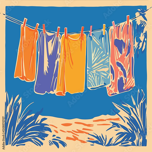 a simplified colourful retro beach poster with a central image of hanging colourful towels on a clothes line

