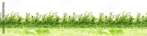 Fresh green grass seamless border element watercolor illustration. Fresh grass countryside meadow, lawn, field landscape element isolated on white background