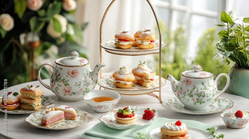 A beautifully arranged tea set with various pastries and desserts A beautifully arranged tea set with various pastries and desserts