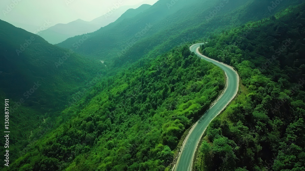 Fototapeta premium Aerial top view, mountaint road in dark green forest