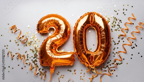 Orange balloon number 20 for twentieth birthday or anniversary party. White background with confetti photo