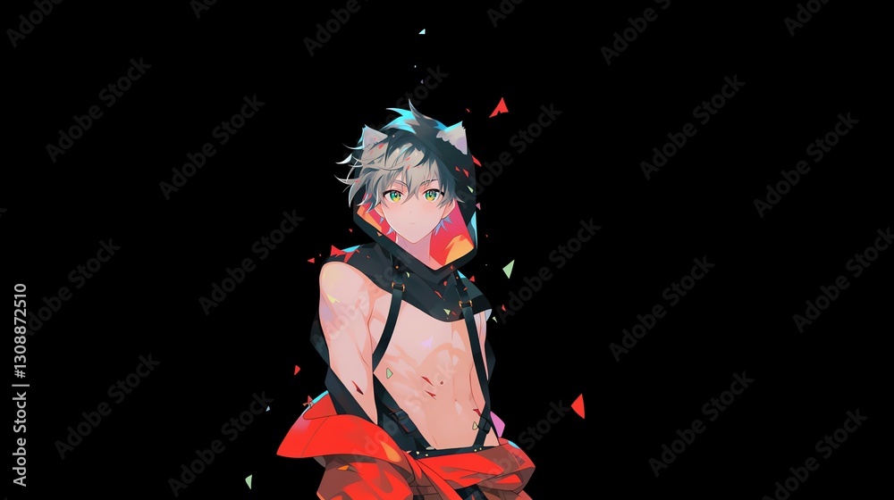 Obraz premium Male Anime Character with Animal Ears in Red Jacket