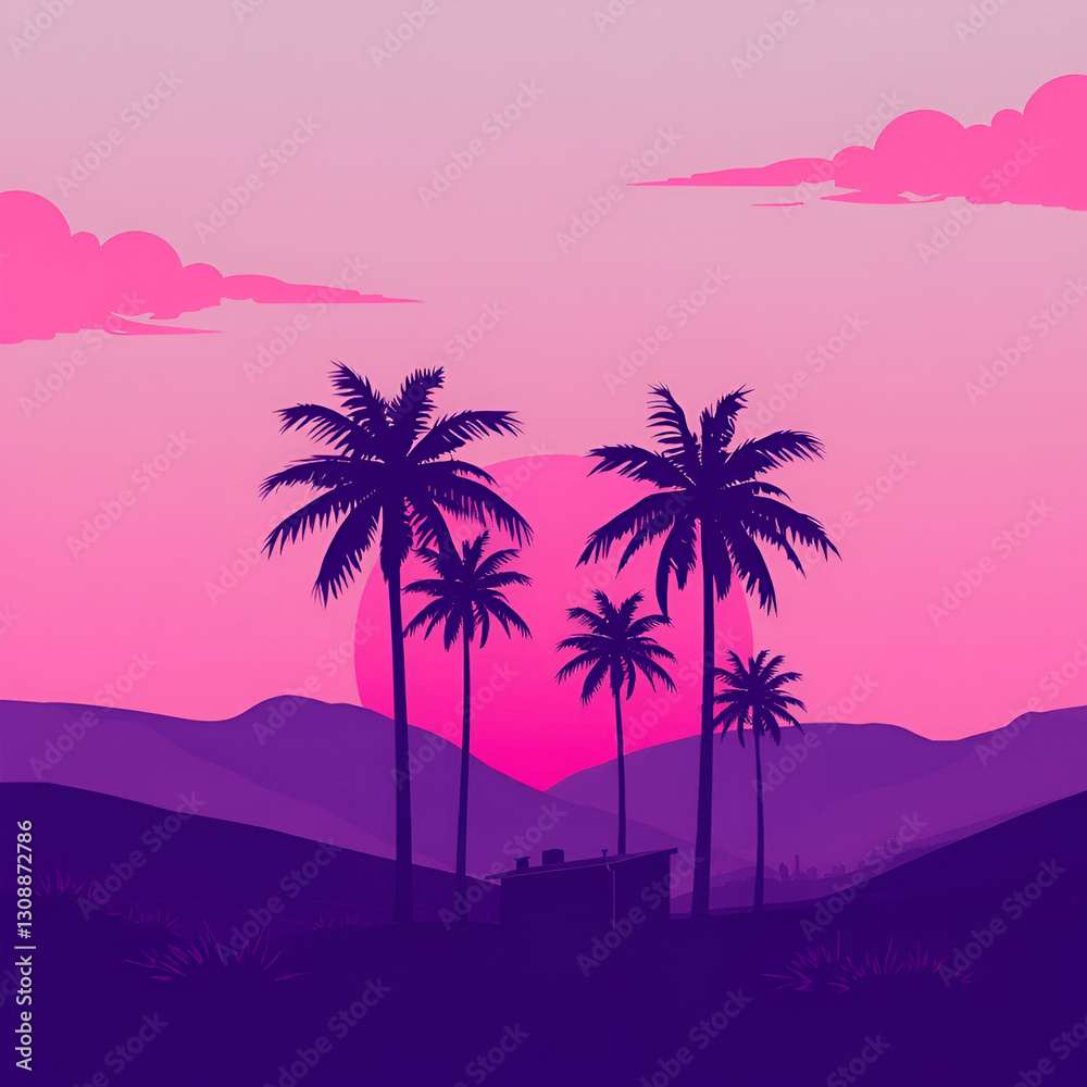 Fototapeta premium Retro futurism landscape with palm trees and a sunset in shades of purple and pink