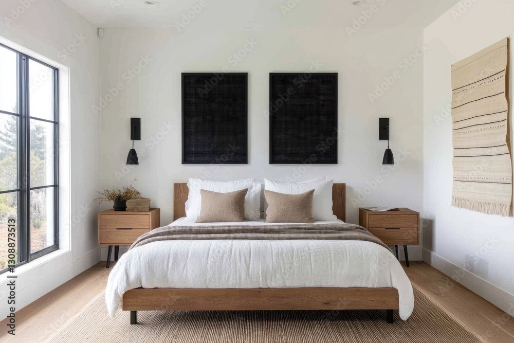 Fototapeta premium Modern bedroom with a comfortable bed, neutral colors, and large windows overlooking a scenic view.