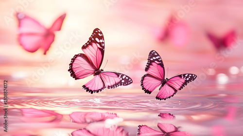 Pink butterflies flying in the water, dreamy and pink tones
