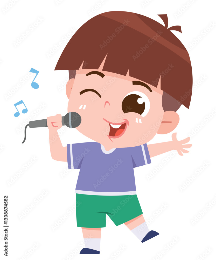 Happy Cartoon Boy Singing with Microphone. Singing activity Happy Cartoon Boy Singing with Microphone. Singing activity