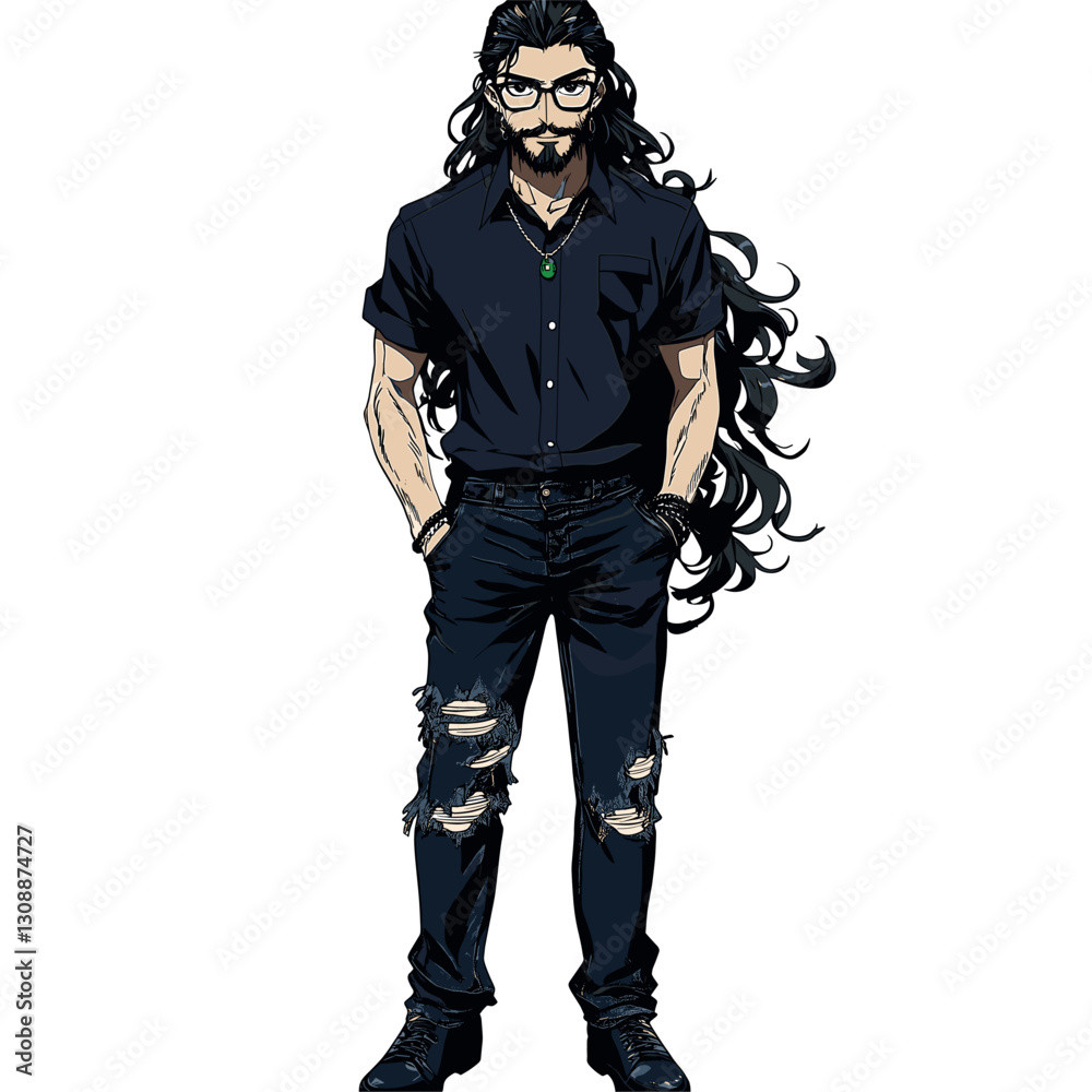 a white background with an anime depiction of a caucasian male, long wavy black hair in a long ponytail, black wireframe glasses, small patch beard, necklace with green crystal pendant, a white background with an anime depiction of a caucasian male, long wavy black hair in a long ponytail, black wireframe glasses, small patch beard, necklace with green crystal pendant,
