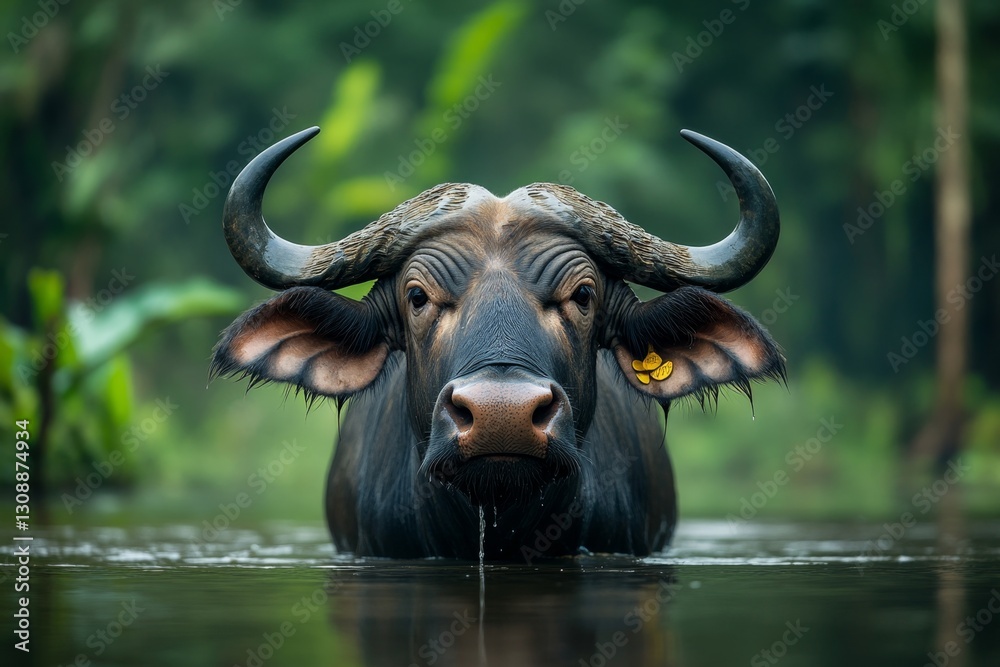 Naklejka premium A water buffalo standing in a shallow river on a hot day, with lush greenery surrounding the water