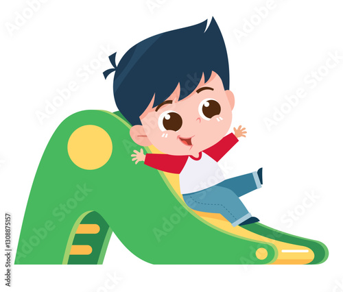 Boy Sliding Down a Playground Slide. Sliding activity