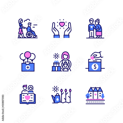 Volunteering and support - line design style icons set