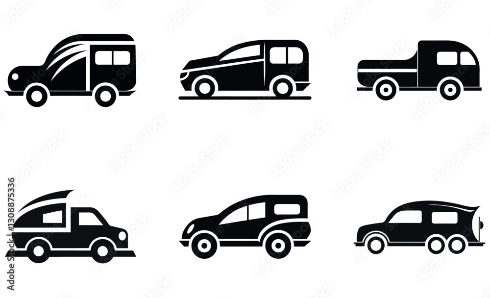 This image features a collection of six simple, black silhouette icons of different vehicles. This image features a collection of six simple, black silhouette icons of different vehicles.