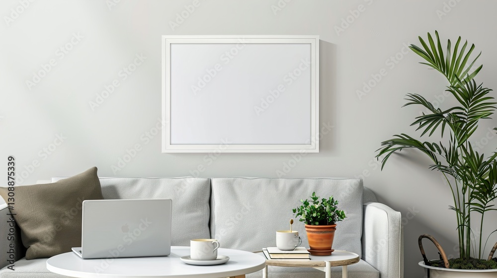 A white rectangular frame above a small table in the living room, surrounded by a cup, a laptop, HD 8K white mockup wallpaper Photographic Image
A white rectangular frame above a small table in the living room, surrounded by a cup, a laptop, HD 8K white mockup wallpaper Photographic Image